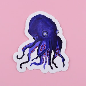 May include: A sticker of a purple octopus with red spots on its tentacles. The octopus has a white outline and is on a pink background.