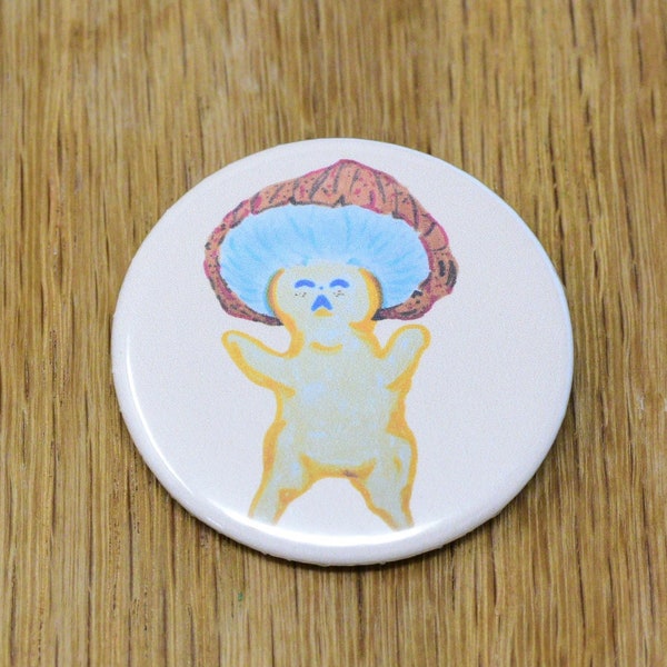 Dancing Mushroom man fairy button, hat button, backpack button pin, happy fungi button