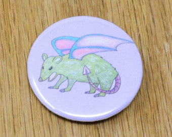 Winged Opossum button, hat button, backpack button pin, silly marsupial button