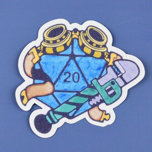 Dice d20 Artificer vinyl sticker, Dnd ttrpg GM DM laptop decal, Dungeon Master steampunk die cut label, water bottle notebook art decor