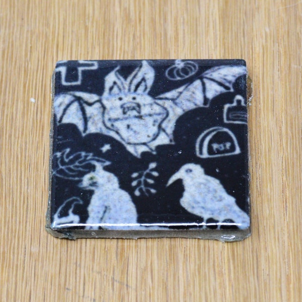 Witch's Familiars Bat, Cat, and Crow hexagon ceramic tile magnet, halloween magnet, magic spell magnet, animal pet magnet