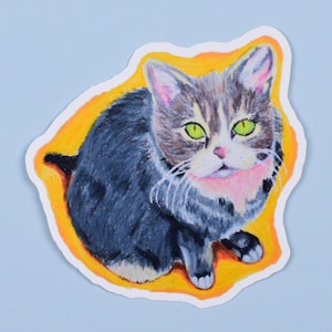 May include: A sticker featuring a hand-drawn illustration of a gray tabby cat with green eyes. The cat is sitting on a yellow background.