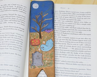 Leather Spooky Halloween Night Bookmark, Haunting Moonlit Scene Page Holder