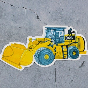 May include: A yellow and blue cartoon illustration of a front loader with the text "DPG" on the side.