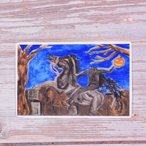 May include: A hand-drawn illustration of a headless horseman riding a black horse through a dark forest. The horseman is holding a jack-o'-lantern. The illustration is done in a cartoon style with bright colors.