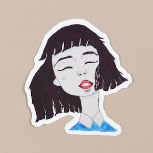 May include: A hand-drawn illustration of a person with black hair and a blue shirt. The person has their eyes closed and is smiling.