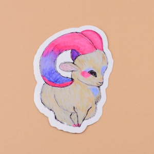 May include: A sticker of a cartoon ram with a pink and blue gradient horn. The ram is light brown with blue and pink accents.