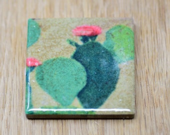 Prickly pear cactus with pink flowers ceramic tile magnet