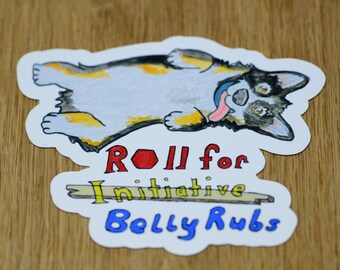 Dungeon Companions Corgi Roll for Belly Rubs vinyl sticker, TTRPG themed stickers, Dungeons and Dragons, Dice d20 sticker, GM DnD gift