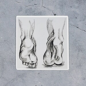 May include: A black and white line drawing of two bare feet, drawn from the ankle down. The feet are facing forward and the toes are slightly curled.