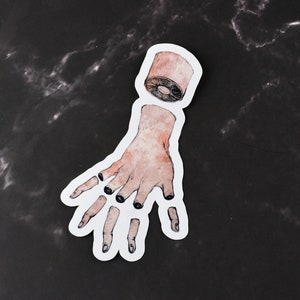 Severed wrist and severed fingers vinyl sticker, horror goth laptop decal, macabre Halloween water bottle label rest in peace note book logo