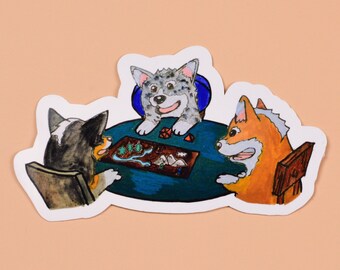 Dungeon Companions Corgis Time to play vinyl sticker, TTRPG DND Dice d20 decal label, gm dm gifts for him roleplay gamer dad laptop sticker