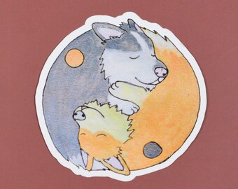 Yin Yang Corgi dogs vinyl sticker, animal pet laptop decal, peace cuddles water bottle label, best friends note scrap book decor logo art