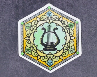 Lyre Bard music vinyl sticker, magic Dnd RPG laptop decal, GM DM gifts for him water bottle label, critical roll D20 journal note book logo