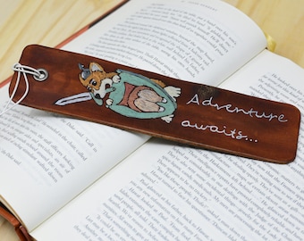 Leather Corgi bookmark, DND RPG fantasy page holder, cute dog animal book accessory