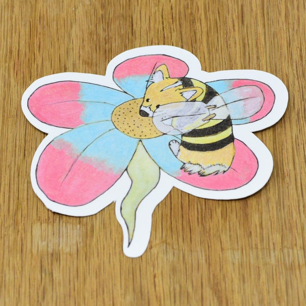 Bumblecorg vinyl sticker, animal sticker, pet sticker, dog sticker, corgi sticker, bumble bee sticker, flower floral sticker