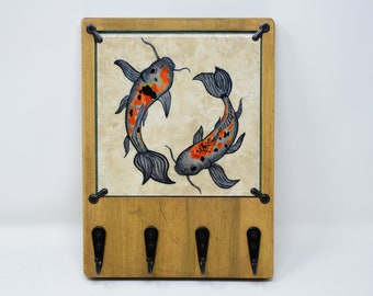 Tranquil Koi Fish Wooden Key Rack for Wall with Changeable Ceramic Art, Entryway Organizer, Solid Wood Rack with Hooks, Key Holder