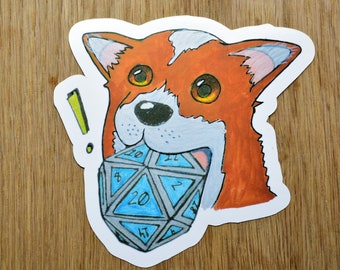 Dungeon Companions Corgi Roll for Initiative vinyl sticker, TTRPG themed stickers, Dungeons and Dragons, Dice d20 sticker, GM DnD gift