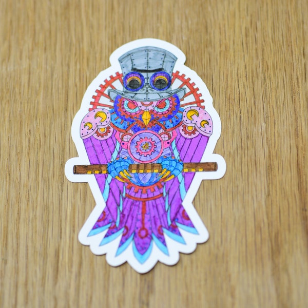Steampunk metallic owl with a top hat vinyl sticker, animal sticker, bird sticker, wildlife sticker