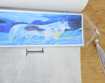 Majestic white wolf bookmark, animal wildlife page holder with tassel, book accessory