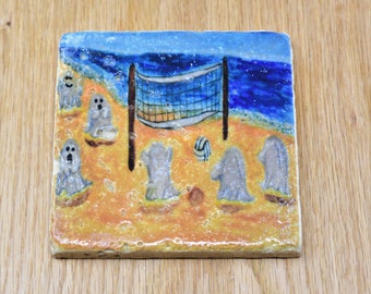 Ghost friends playing volleyball Stone Coaster, macabre coaster, creepy coaster, goth coaster, horror coaster, Halloween coaster