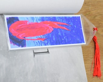 Fuzzy red demon under the stars bookmark, creepy spirit page holder with tassel, spooky Halloween book accessory