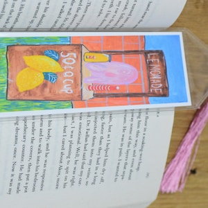 Ghost Lemonade stand painting bookmark, creepy spirit page holder with tassel, spooky Halloween book accessory