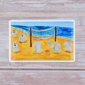 May include: A watercolor illustration of five ghosts playing volleyball on a beach. The ghosts are white with black eyes and mouths. The volleyball net is brown and the volleyball is white. The beach is yellow and the ocean is blue.