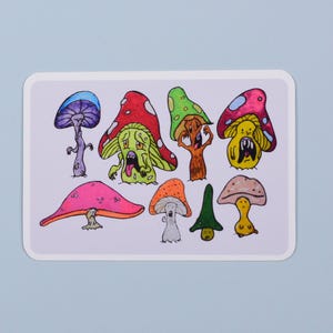 May include: A collection of colourful cartoon mushrooms with different expressions. The mushrooms are drawn in a whimsical style with various colours, including red, green, yellow, and blue.