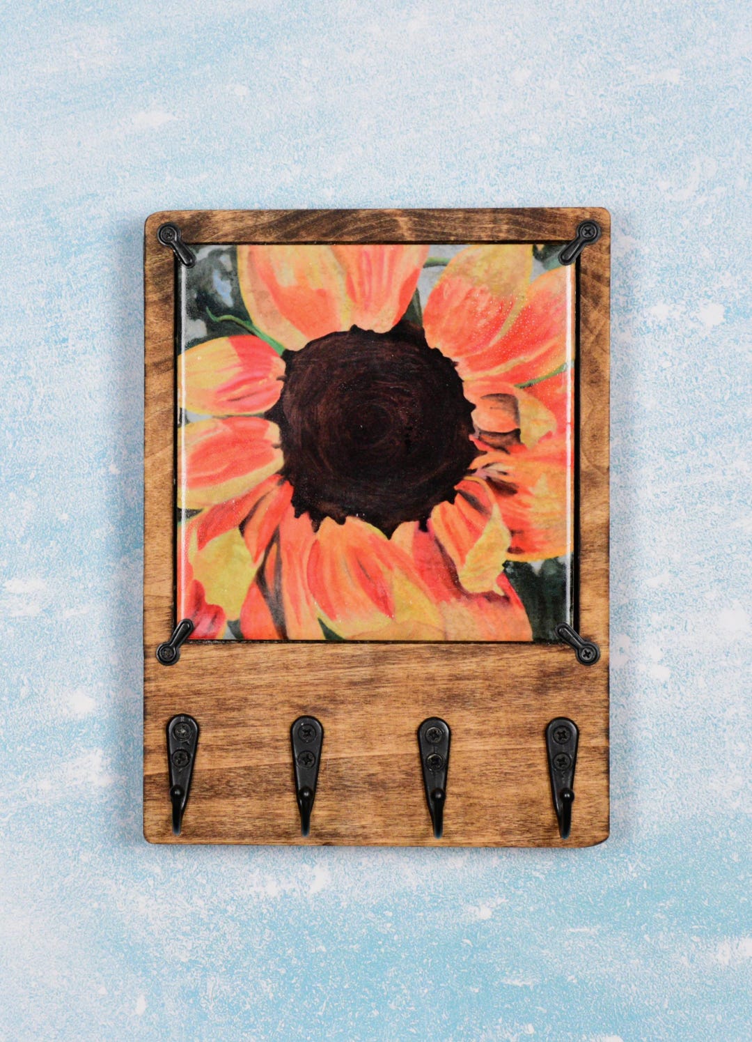 Full Bloom Sunflower Wooden Key Rack for Wall With Changeable Ceramic ...