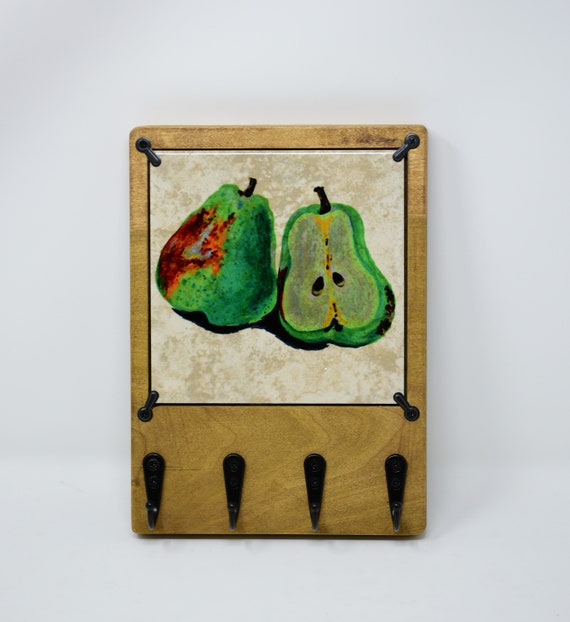 Green Seckel Pear Wooden Key Rack for Wall With Changeable Ceramic
