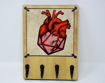 Anatomical dice heart d20 Wooden Key Rack for Wall with Changeable Ceramic Art, Entryway Organizer, Solid Wood Rack with Hooks, Key Holder