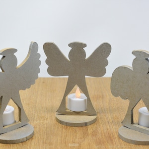 Three Angels Wooden Home Decor with tea lights, fine art hand cut and painted Christmas gift