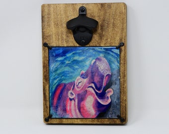 Fiona the Hippo Wooden Magnetic Wall Mounted Bottle Opener, Home Bar Decor Exotic Animal