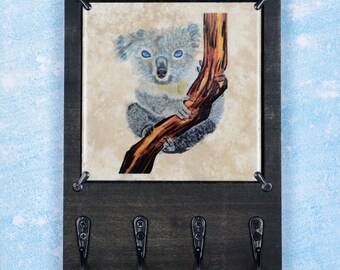 Eager Koala Bear Wooden Key Rack Holder for Wall with Changeable Ceramic Art Tiles, Hallway Foyer Entryway Organizer Solid Wood with 4 Hooks