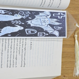 Witch&#39;s Familiars Bat, Cat, and Crow bookmark, wiccan magical fantasy page holder with tassel, spooky Halloween book accessory