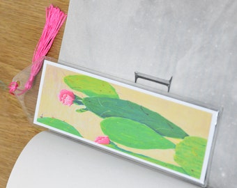 Prickly pear cactus with pink flowers bookmark, original artwork page holder with tassel, book accessory