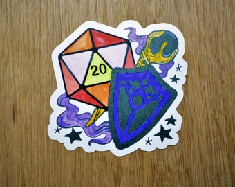 May include: A colorful sticker featuring a 20-sided die, a shield, and a wand. The die is red, yellow, and white with the number 20 on one side. The shield is blue and purple with a stylized design. The wand is yellow and gold with a purple and white swirl.