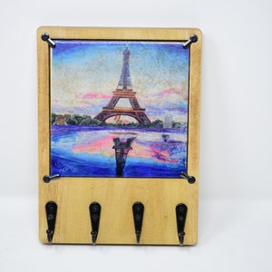 Eiffel Tower Watercolor Wooden Key Rack for Wall with Changeable Ceramic Art, Entryway Organizer, Solid Wood Rack with Hooks, Key Holder