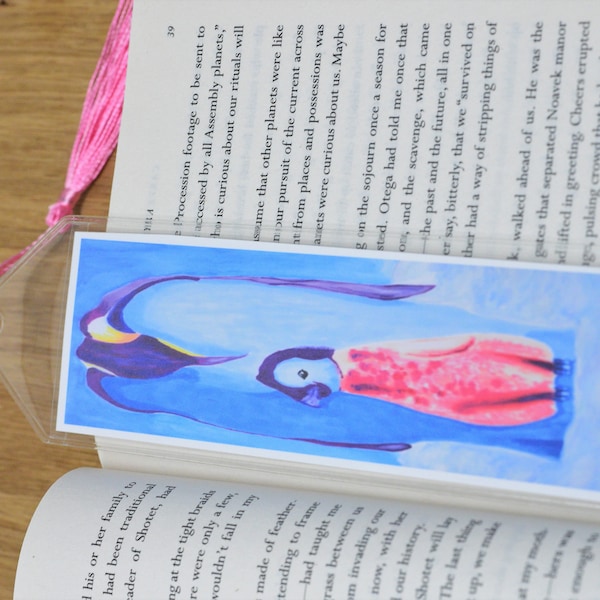 Adult Emperor penguin and baby penguin bookmark, Antarctic wildlife animal page holder with tassel, book accessory