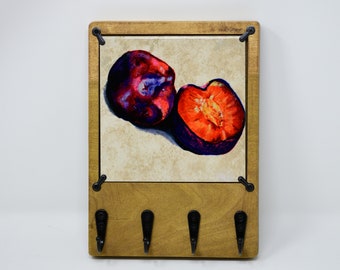 Delectable Red Plums Wooden Key Rack for Wall with Changeable Ceramic Art, Entryway Organizer, Solid Wood Rack with Hooks, Key Holder