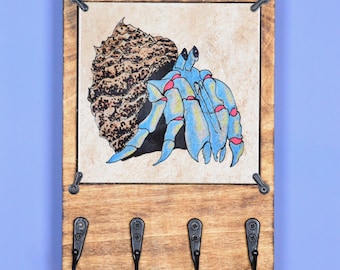 Blue Hermit Crab Wooden Key Rack for Wall with Interchangeable Ceramic Art Tiles, Entryway Organizer, Solid Wood Rack with Hooks, Key Holder