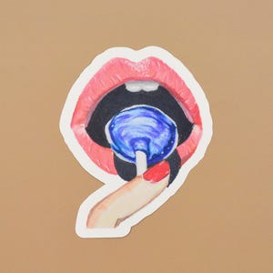 Seductive lips lollipop vinyl sticker, candy lipstick laptop decal, mouth lick water bottle label, sultry kiss note scrap book decor art
