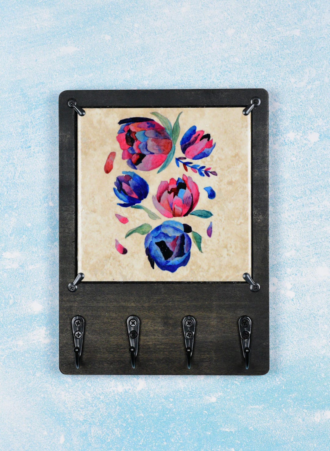 Key Racks Flowetr Pretty Peonies Flowers Wooden Key Rack Holder for Wall With Ceramic Art ...