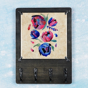 Pretty Peonies Flowers Wooden Key Rack Holder for Wall with Ceramic Art Tile, Foyer Entryway Hallway Organizer, Solid Wood with 4 Hooks