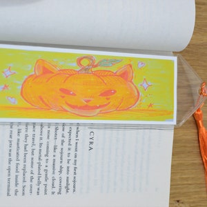 Mischievous Cat Pumpkin painting bookmark, creepy jack &#39;o lantern page holder with tassel, spooky Halloween book accessory