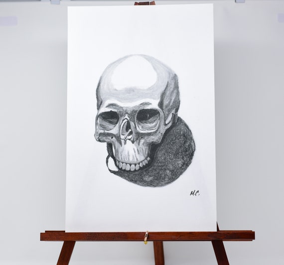 Time Skull Charcoal Drawing, Human Skull Drawing for Sale