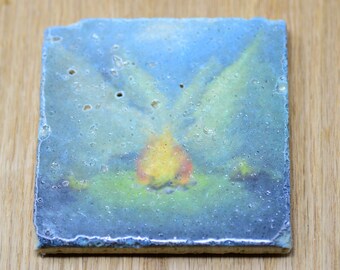 Campfire in the woods landscape Stone Coaster, nature coaster, summer coaster, outdoors coaster, camping coaster, housewarming gift
