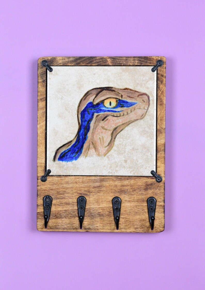 Dinosaur Key Rack Velociraptor Dinosaur Wooden Key Rack Holder With Changeable Art Tiles ...