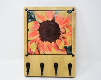 Full Bloom Sunflower Wooden Key Rack for Wall with Changeable Ceramic Art, Entryway Organizer, Solid Wood Rack with Hooks, Key Holder